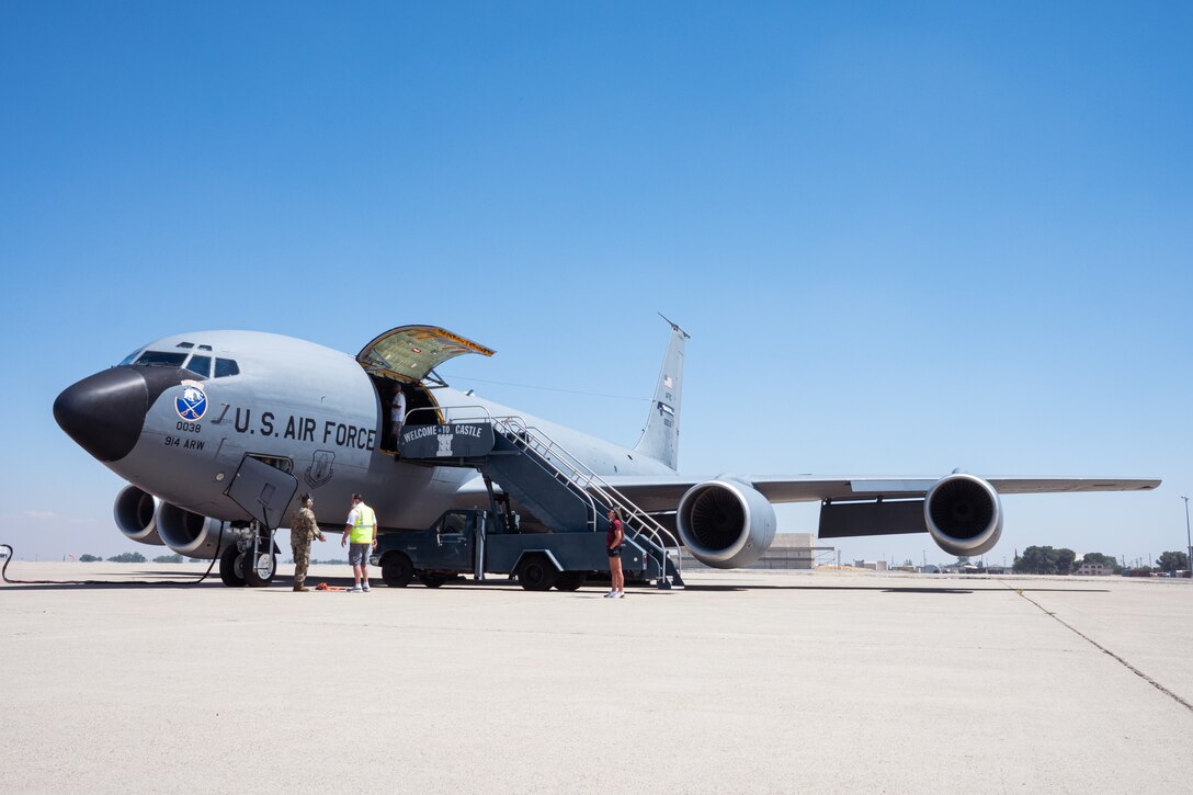 A 914th Air Refueling Wing KC-135 Stratotanker from Niagara Falls Air Reserve Station, New York, occupies the flightline at Castle Airport, Atwater, California.