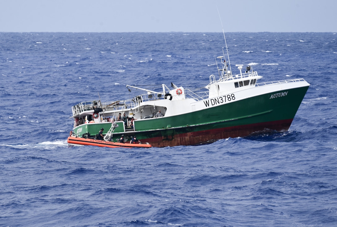 Coast Guard Cutter Harriet Lane small boat comes alongside commercial fishing vessel Autumn off the coast of Oahu Aug. 22, 2024.