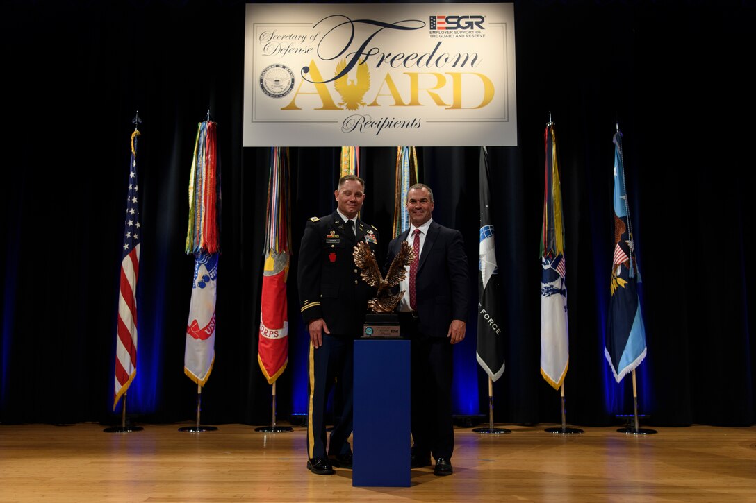 The Department of Defense honors 15 civilian employers with the Secretary of Defense Employer Support Freedom Award during a ceremony at the Pentagon in Arlington, Va., Aug. 22, 2024.  The event was hosted by the acting Under Secretary of Defense for Personnel and Readiness, the Ashish S. Vazirani. (U.S. Army Photo by Sgt. Daniel Hernandez)