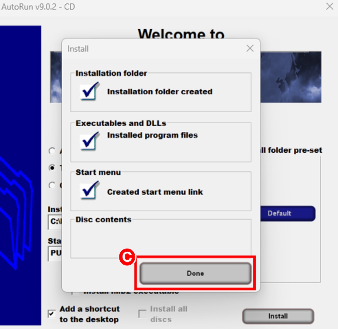 Pub Log Install window confirming the installation folder already exists, that previous installations are updated, and that the start menu link is updated. User must select the Done button to close out the Install window.