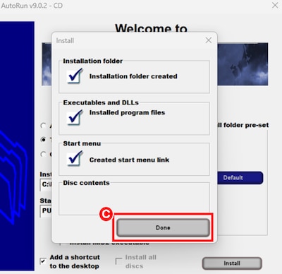 Pub Log Install window confirming the installation folder already exists, that previous installations are updated, and that the start menu link is updated. User must select the Done button to close out the Install window.