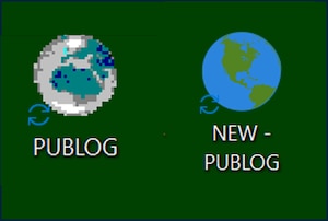 Two versions of Pub Log. First one title PUBLOG with old faded globe and second one titled New - PUBLOG with newer modern globe.