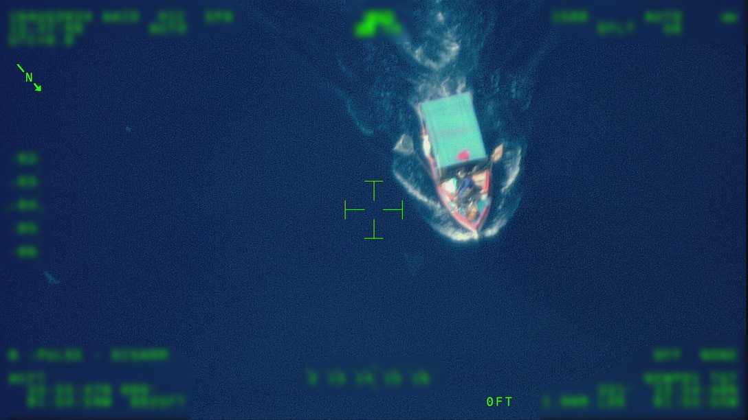 A migrant vessel making way approximately 39 miles south of Key West, Aug. 16. 2024. A Customs and Border Protection Air and Marine Operations aircrew notified Coast Guard Sector Key West watchstanders. (Photo Courtesy of CBP AMO)