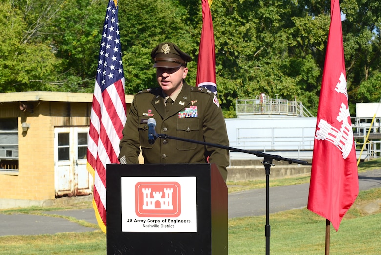 Lt. Col. Stephen Green, U.S. Army Corps of Engineers Nashville District commander, speaks during a Project Partnership Agreement Signing Ceremony Aug. 23, 2024, in Carthage, Tennessee, which officially kicked off the design and construction phases of the Carthage Wastewater Treatment Plant Streambank Stabilization Project. (USACE Photo by Lee Roberts)