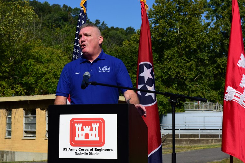 Mayor Steve Babcock of Carthage, Tennessee, speaks during a Project Partnership Agreement Signing Ceremony Aug. 23, 2024, in Carthage, Tennessee, which officially kicked off the design and construction phases of the Carthage Wastewater Treatment Plant Streambank Stabilization Project. (USACE Photo by Lee Roberts)