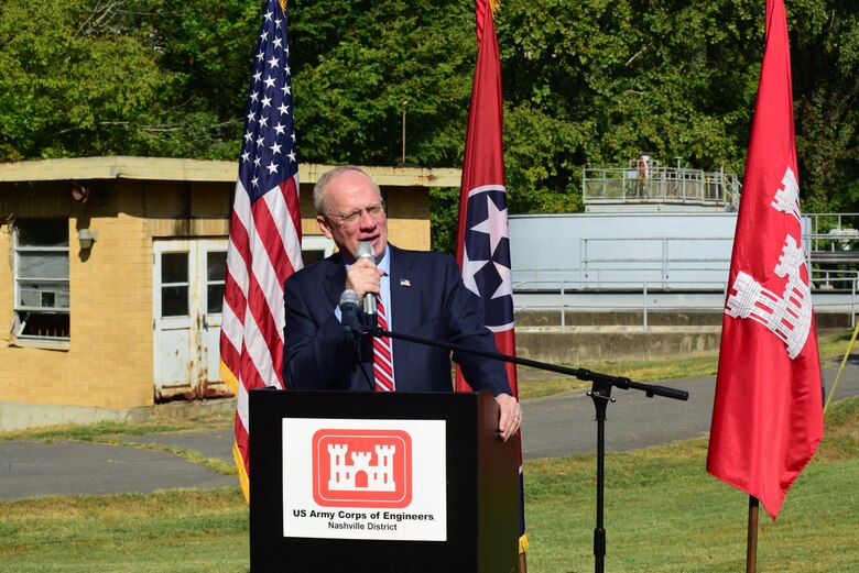 Congressman John Rose, Tennessee 6th District, speaks during a Project Partnership Agreement Signing Ceremony Aug. 23, 2024, in Carthage, Tennessee, which officially kicked off the design and construction phases of the Carthage Wastewater Treatment Plant Streambank Stabilization Project. (USACE Photo by Lee Roberts)