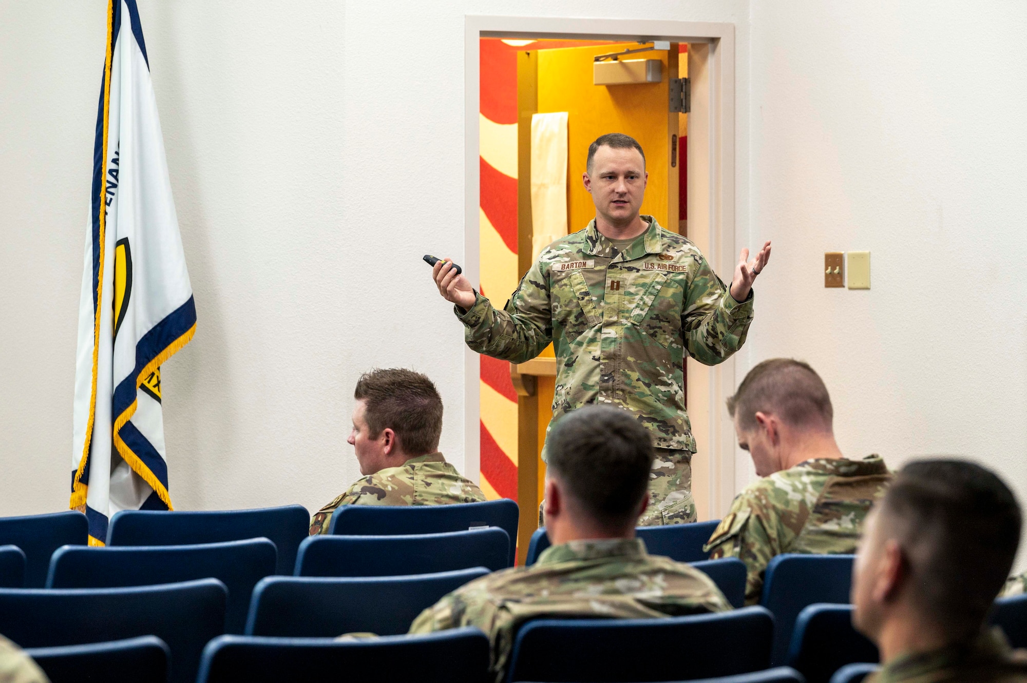 U.S. Air Force Capt. David Barton, Air Force Advanced Maintenance and Munitions Operations School instructor, teaches at Holloman Air Force Base, New Mexico, June 25, 2024. The course from AMMOS is a graduate-level curriculum comprised of advanced tactical aircraft training in maintenance, logistics, and munitions to senior enlisted leaders and officers. (U.S. Air Force photo by Airman 1st Class Michelle Ferrari)
