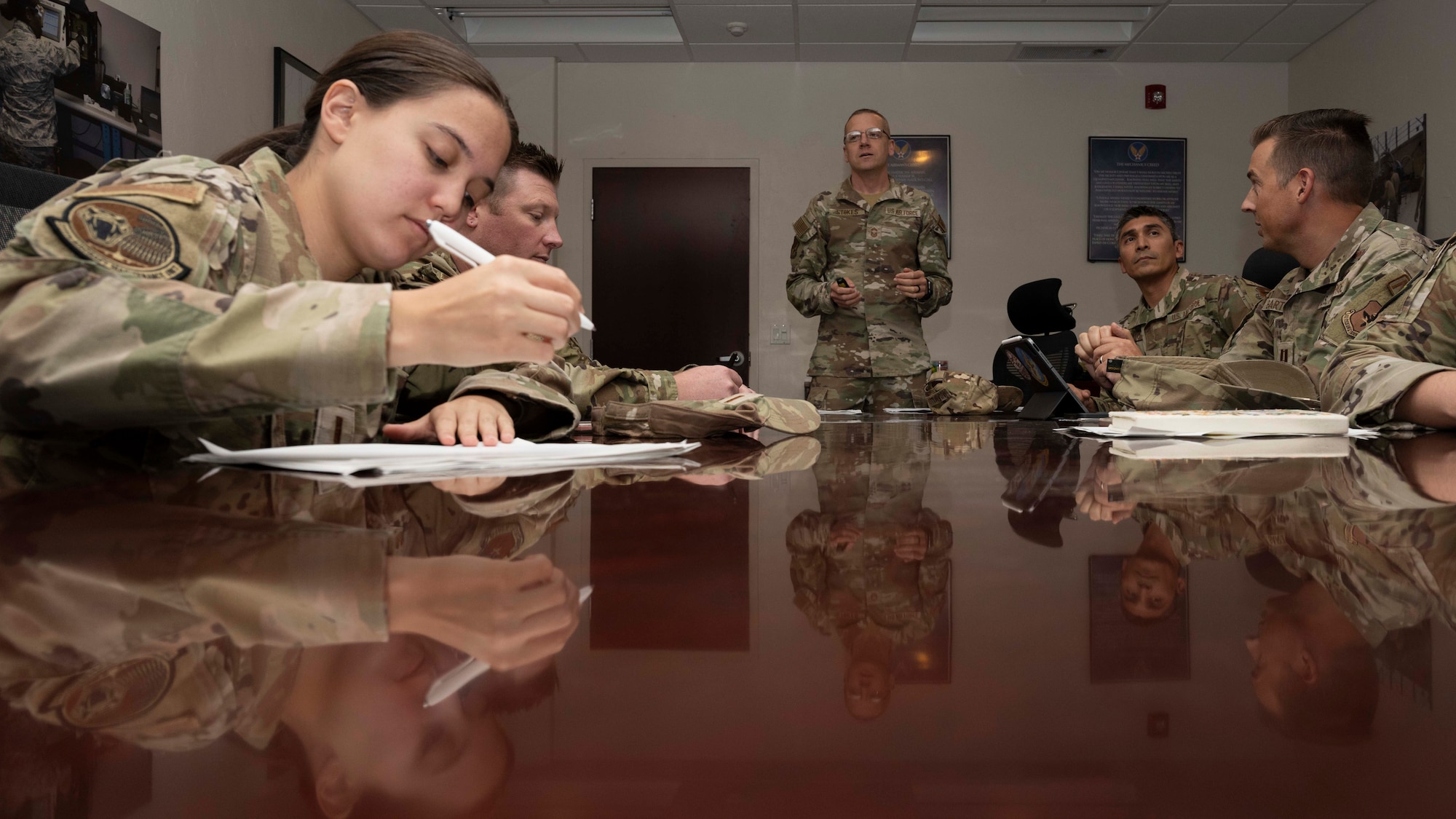 U.S. Air Force Chief Master Sgt. Andrew Stokes, 49th Maintenance Group senior enlisted leader, conducts Project Iron Agility training program at Holloman Air Force Base, New Mexico, July 24, 2024. Senior enlisted leaders and officers who participated in the course acquired tactical skills by demonstrating critical thinking, and communication capabilities by implementing their knowledge in real-world deployment scenarios. (U.S. Air Force photo by Airman 1st Class Michelle Ferrari)