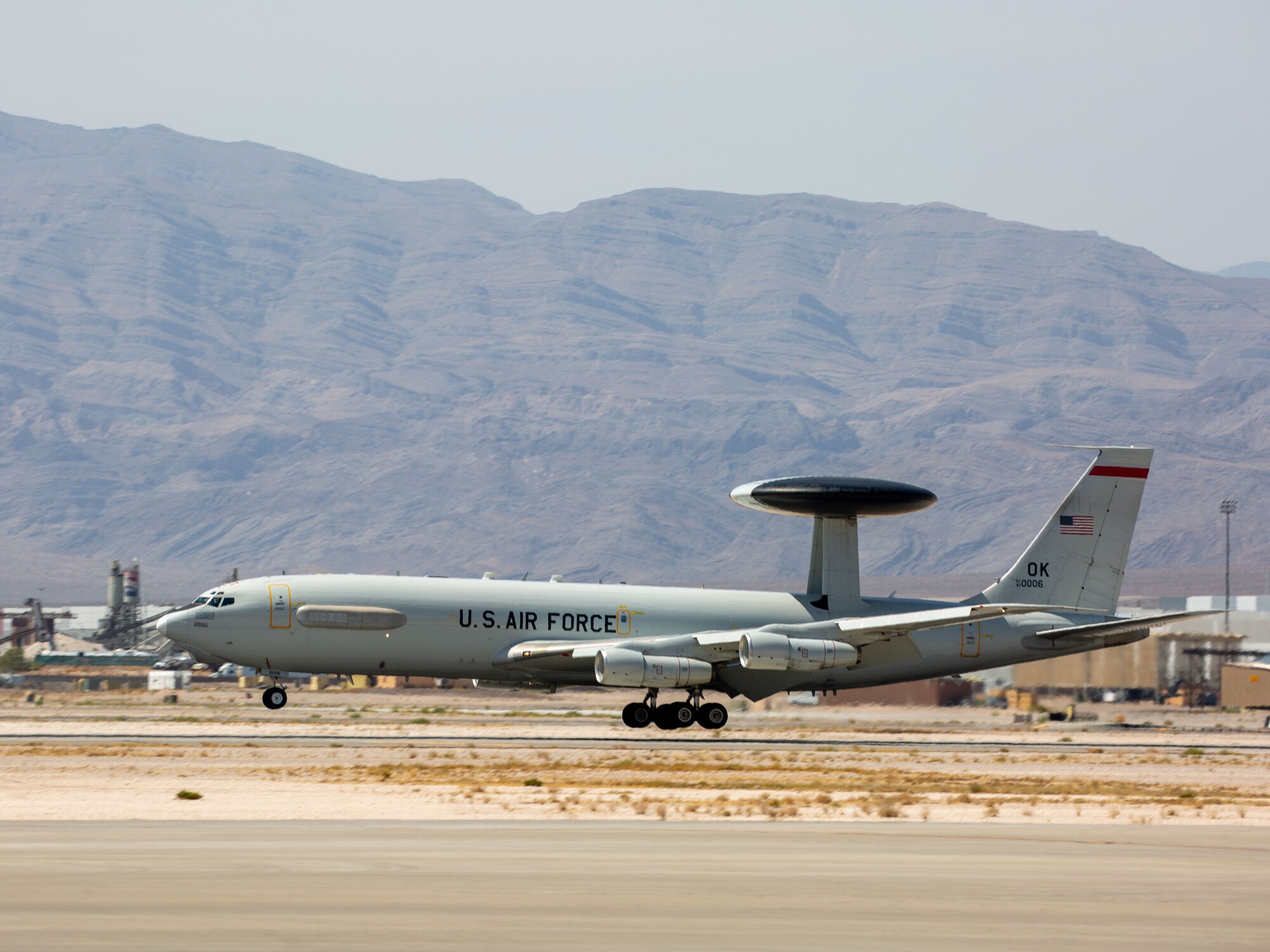 An E-3 Sentry lands at Nellis Air Force Base, Nev., during Bamboo Eagle 24-3 on Aug. 8, 2024. The E-3s achieved a perfect 10 for 10 launch rate during the exercise, underscoring their critical value in providing command and control capabilities essential to the success of joint and allied operations. (U.S. Air Force photo by Garrett N. Cole)