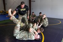 Approximately 30 U.S. Army Soldiers with the Pennsylvania National Guard participate in a five-day Army Combatives training program August 12-16 at Fort Indiantown Gap. Army Combatives trains leaders and Soldiers in close quarters combat to instill the Warrior Ethos and prepare Soldiers to defeat the enemy in hand-to-hand combat. (U.S. Army National Guard photo by Sgt. 1st Class Zane Craig)