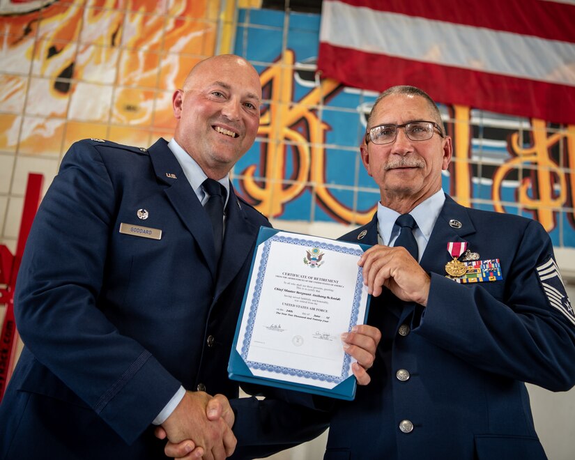 Chief Master Sgt. Anthony Schmidt, right, fire chief for the 123rd Civil Engineer Squadron’s Fire and Emergency Flight, receives a certificate of retirement from Lt. Col. Jarret Goddard, commander of the 123rd Civil Engineer Squadron, during Schmidt’s retirement ceremony at the Kentucky Air National Guard Base in Louisville, Ky., July 19, 2024. Schmidt is retiring after more than 37 years of service to the Kentucky Air National Guard. (U.S. Air National Guard photo by Master Sgt. Joshua Horton)