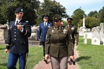 Members of the District of Columbia National Guard in collaboration with Historic Congressional Cemetery participate in a community-wide program and wreath laying ceremony honoring the dozens of D.C. Militia members buried at the cemetery who fought in the Battle of Bladensburg, in Washington, D.C., on Aug. 24, 2024. The ceremony featured remarks from various speakers and recognized the Militiamen who defended the nation’s capital on August 24, 1814.