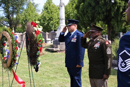 Members of the District of Columbia National Guard in collaboration with Historic Congressional Cemetery participate in a community-wide program and wreath laying ceremony honoring the dozens of D.C. Militia members buried at the cemetery who fought in the Battle of Bladensburg, in Washington, D.C., on Aug. 24, 2024. The ceremony featured remarks from various speakers and recognized the Militiamen who defended the nation’s capital on August 24, 1814.