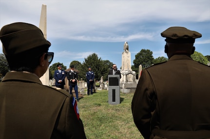 Mr. Anthony Orlikoff, director of programming, Historic Congressional Cemetery, delivers remarks during a Battle of Bladensburg ceremony in collaboration with the District of Columbia National Guard, in Washington, D.C., on Aug. 24, 2024. The program and wreath laying ceremony honored the dozens of D.C. Militia members buried at the cemetery who fought in the Battle of Bladensburg, on August 24, 1814.