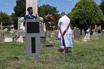 Members of the District of Columbia National Guard in collaboration with Historic Congressional Cemetery participate in a community-wide program and wreath laying ceremony honoring the dozens of D.C. Militia members buried at the cemetery who fought in the Battle of Bladensburg, in Washington, D.C., on Aug. 24, 2024. The ceremony featured remarks from various speakers and recognized the Militiamen who defended the nation’s capital on August 24, 1814.