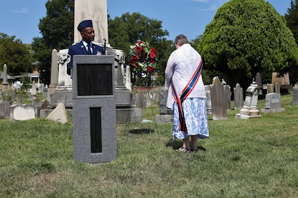 Members of the District of Columbia National Guard in collaboration with Historic Congressional Cemetery participate in a community-wide program and wreath laying ceremony honoring the dozens of D.C. Militia members buried at the cemetery who fought in the Battle of Bladensburg, in Washington, D.C., on Aug. 24, 2024. The ceremony featured remarks from various speakers and recognized the Militiamen who defended the nation’s capital on August 24, 1814.