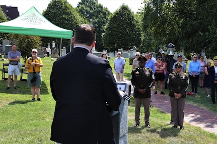 Members of the District of Columbia National Guard in collaboration with Historic Congressional Cemetery participate in a community-wide program and wreath laying ceremony honoring the dozens of D.C. Militia members buried at the cemetery who fought in the Battle of Bladensburg, in Washington, D.C., on Aug. 24, 2024. The ceremony featured remarks from various speakers and recognized the Militiamen who defended the nation’s capital on August 24, 1814.