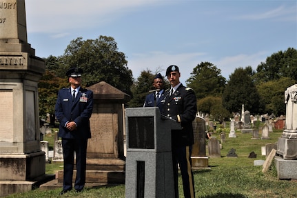 Capt. Andrew L. Hargroder, commander, 273rd Military Police Company, D.C. National Guard, delivers remarks during a Battle of Bladensburg ceremony in collaboration with Historic Congressional Cemetery, in Washington, D.C., on Aug. 24, 2024. The program and wreath laying ceremony honored the dozens of D.C. Militia members buried at the cemetery who fought in the Battle of Bladensburg, on August 24, 1814.