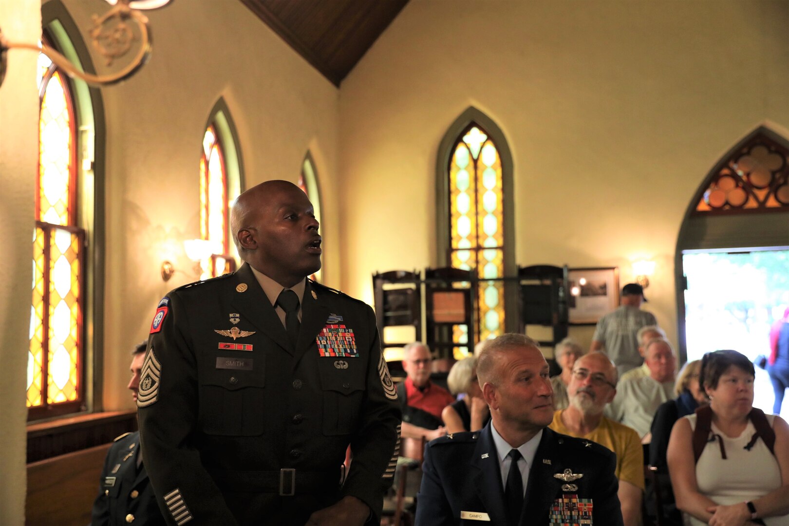 Command Sergeant Major Ronald L. Smith, Senior Enlisted Leader, D.C. National Guard, speaks during a Battle of Bladensburg ceremony in collaboration with Historic Congressional Cemetery, in Washington, D.C., on Aug. 24, 2024. The program and wreath laying ceremony honored the dozens of D.C. Militia members buried at the cemetery who fought in the Battle of Bladensburg, on August 24, 1814.