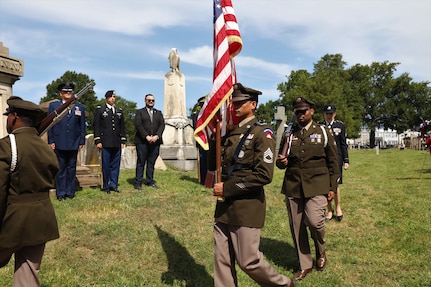 Members of the District of Columbia National Guard in collaboration with Historic Congressional Cemetery participate in a community-wide program and wreath laying ceremony honoring the dozens of D.C. Militia members buried at the cemetery who fought in the Battle of Bladensburg, in Washington, D.C., on Aug. 24, 2024. The ceremony featured remarks from various speakers and recognized the Militiamen who defended the nation’s capital on August 24, 1814.