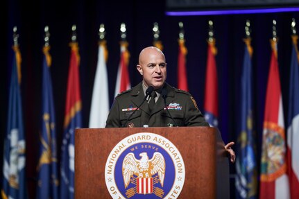 Army Lt. Gen. Jonathan Stubbs, acting chief, National Guard Bureau, addresses attendees of the 146th National Guard Association of the United States General Conference, Detroit, Michigan, Aug. 24, 2024.