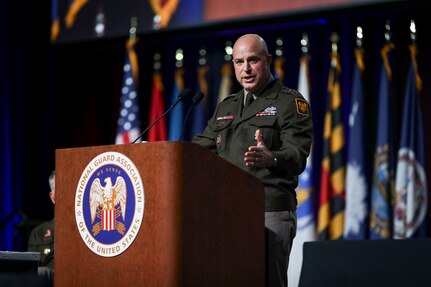 Army Lt. Gen. Jonathan Stubbs, acting chief, National Guard Bureau, addresses attendees of the 146th National Guard Association of the United States General Conference, Detroit, Michigan, Aug. 24, 2024.