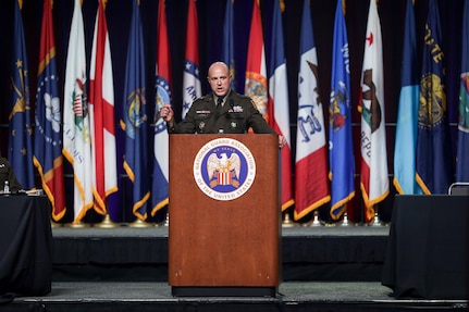 Army Lt. Gen. Jonathan Stubbs, acting chief, National Guard Bureau, addresses attendees of the 146th National Guard Association of the United States General Conference, Detroit, Michigan, Aug. 24, 2024.