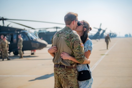 Family, friends and coworkers gathered on Gowen Field Aug. 22, 2024, to say farewell to Soldiers from the Idaho Army National Guard’s 1st of the 183rd Assault Helicopter Battalion as they left Idaho to prepare to deploy overseas to support Operation Joint Guardian. Several UH-60M Black Hawk helicopters and more than 100 personnel deployed to Texas for additional training before departing to Kosovo for an 11-month rotation supporting the NATO peacekeeping mission.