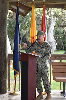 Capt. Randy Panke, former Expeditionary Medical Facility 150 Mike commanding officer, gives his remarks during the Change of Command ceremony Aug. 23. Panke was relieved by Capt. Jeremy Pyles, who is also a Medical Service Corps officer.