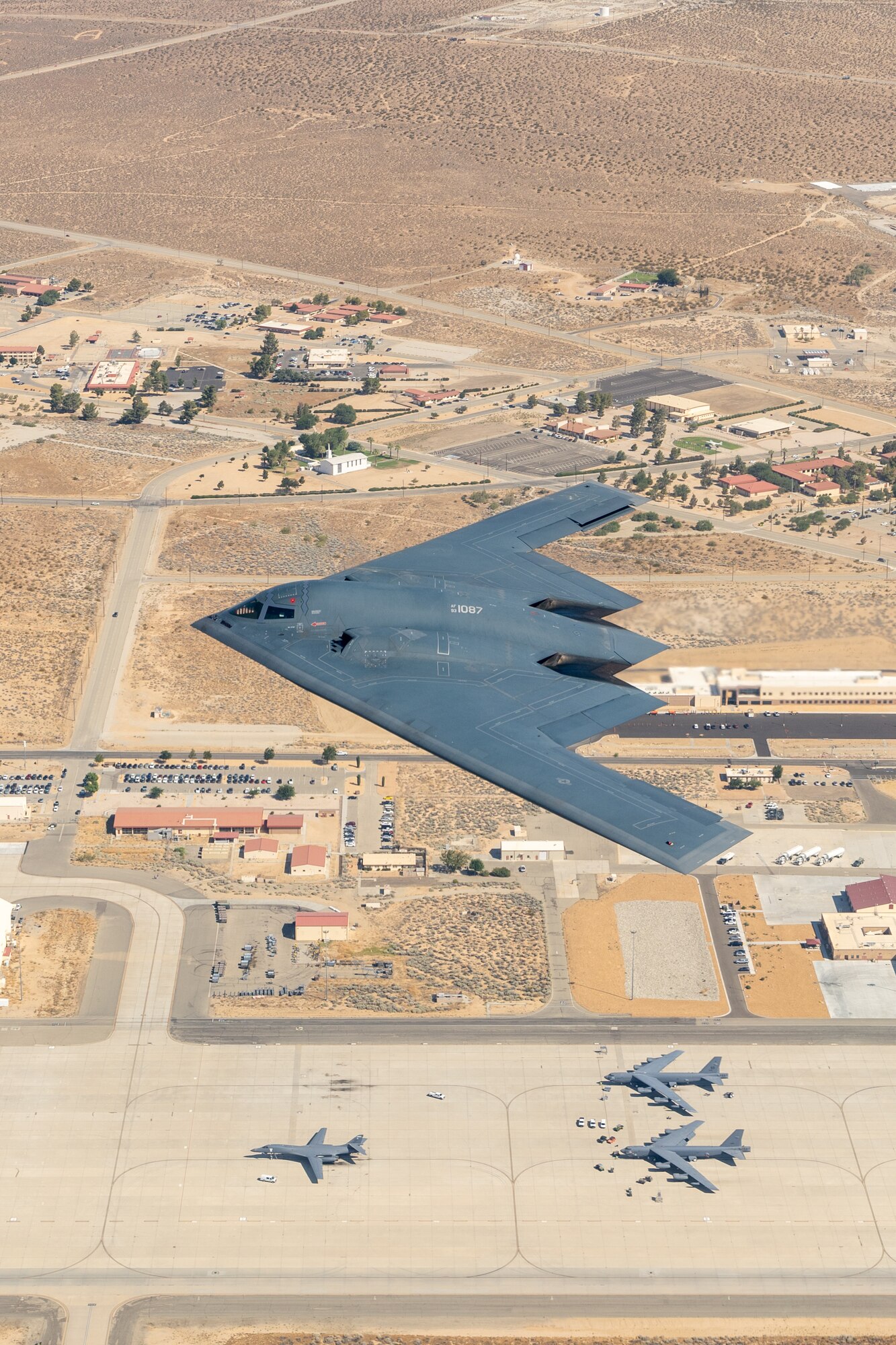 The Spirit of Pennsylvania B-2 Spirit assigned to the 419th Flight Test Squadron flies over Edwards Air Force Base, California, prior to landing, July 17, 35 years after the B-2’s first flight. The aircraft returned to the heart of the Aerospace Testing Universe, where many firsts for technological advancements take place. The reintroduction of the B-2 to a test environment is not only nostalgic, but a careful first step toward new experiments and technological upgrades that will ensure it remains a vital asset in the U.S. Air Force's fleet.