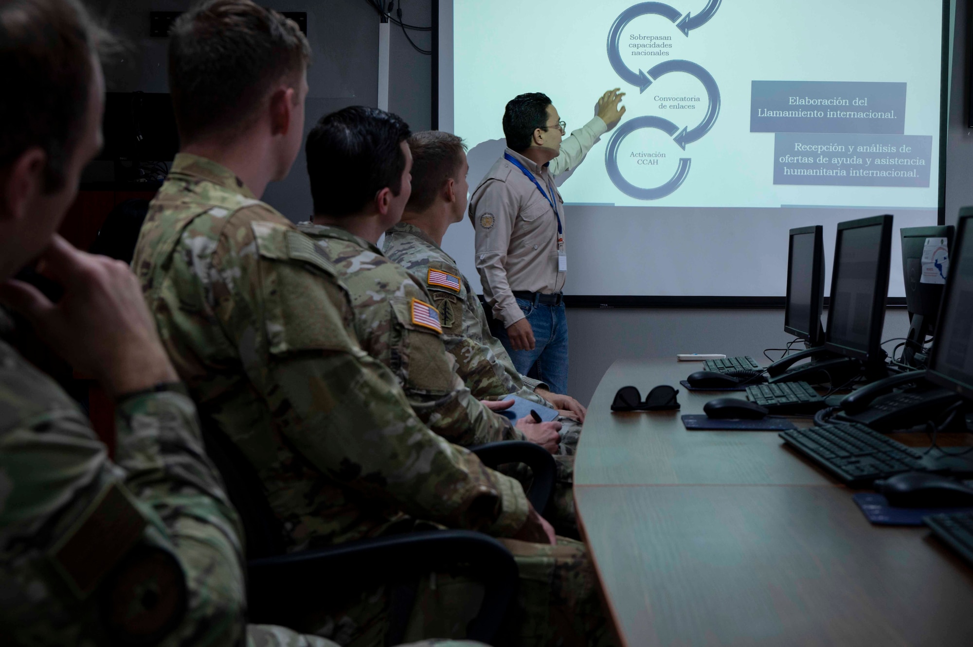 A photo of Soldiers watching as a person presents on a whiteboard.