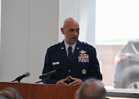 U.S. Air Force Lt. Gen. Brian S. Robinson, Air Education Training Command commander, speaks at the 59th Medical Wing change of command ceremony at Joint Base San Antonio Lackland, Tx., Aug. 23, 2024.