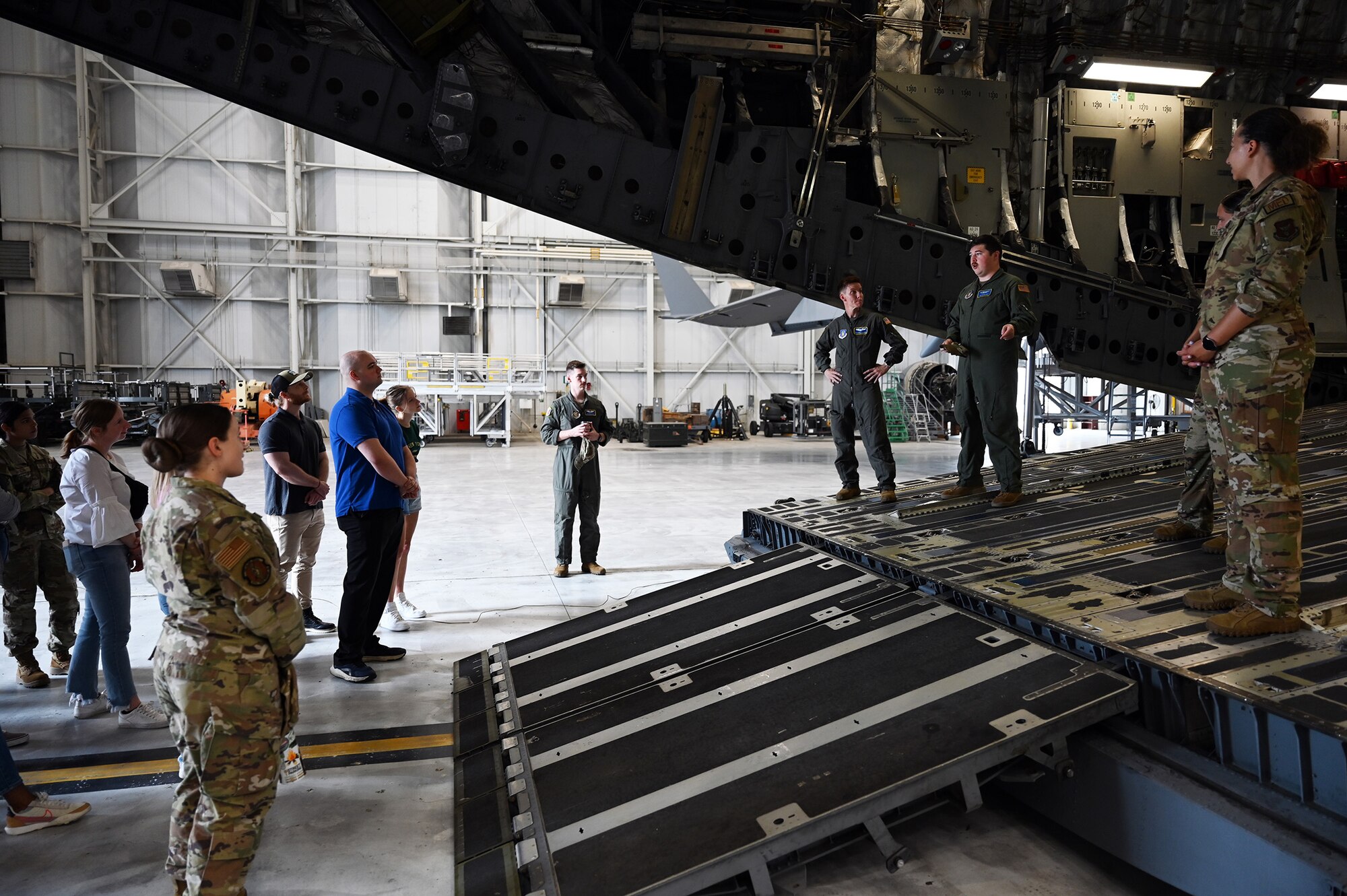 Members of the 445th Aeromedical Evacuation squadron greet potential recruits participating in the Aug. 3, 2024 445th Airlift Wing’s Health Professions Recruiting event, before they board a C-17 Globemaster III configured as a flying hospital. The potential flight doctors and flight nurses also received information on the benefits of being a Reservist as part of the 445th Airlift Wing’s Health Professions Recruiting event, Aug. 4, 2024.