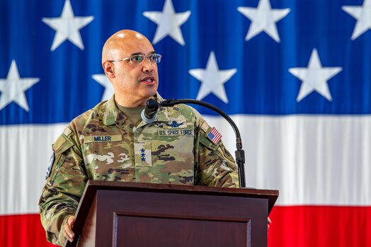 Lt. Gen. David N. Miller, Jr., Space Operations Command commander, provides opening remarks as the presiding official during the Space Delta 6 - Space Access and Cyberspace Operations change of command ceremony.