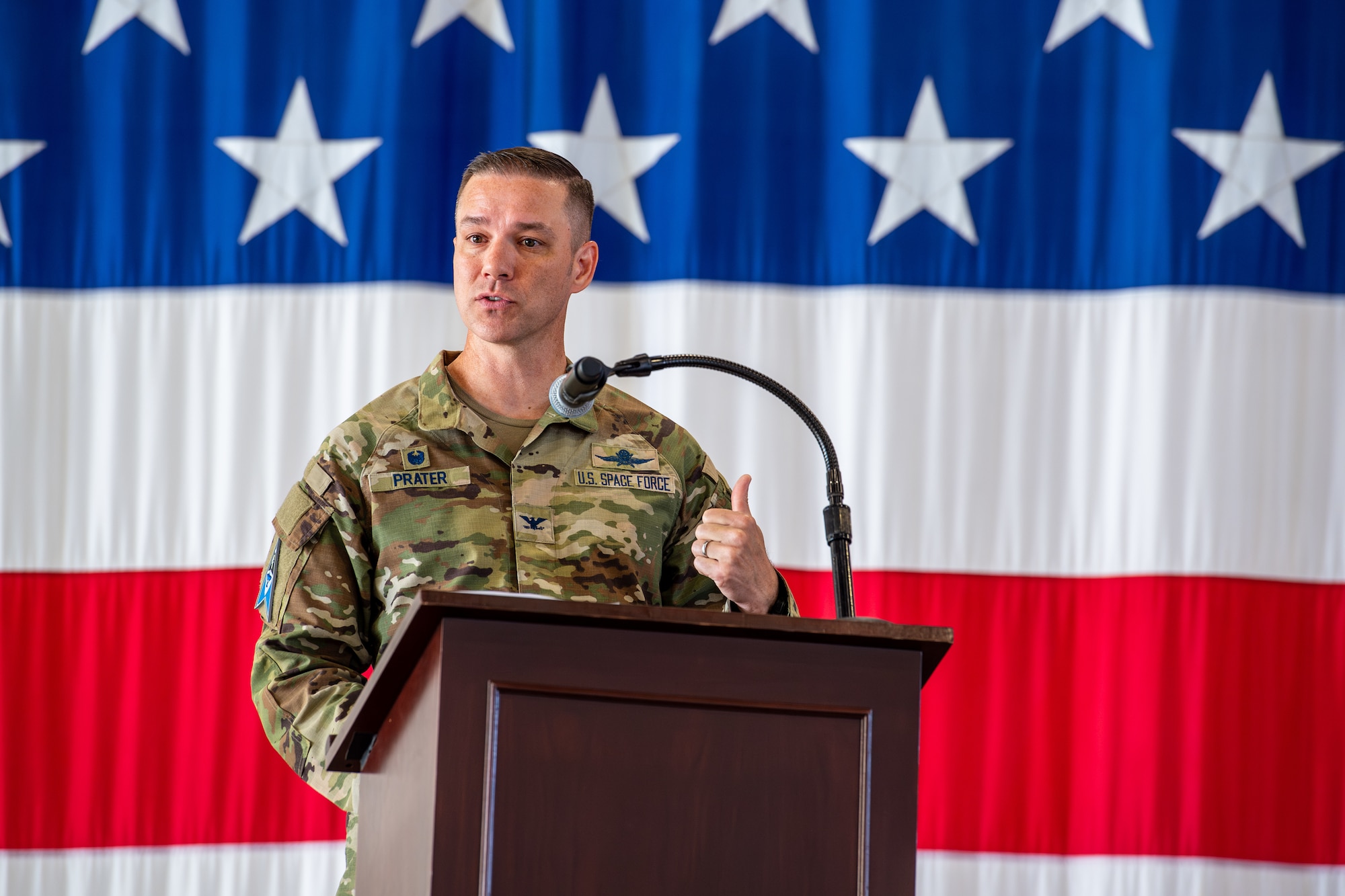 Col. Travis Prater provides remarks as the new pace Delta 6 - Space Access and Cyberspace Operations commander.