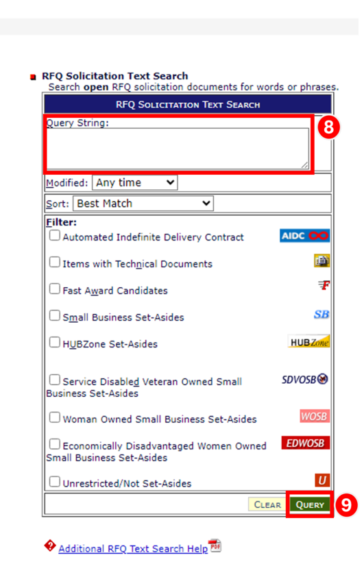 Select a Search Category from the dropdown and enter a search value to conduct a RFQ Database Search. Click Query.