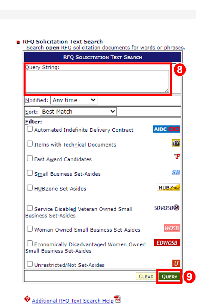 Select a Search Category from the dropdown and enter a search value to conduct a RFQ Database Search. Click Query.