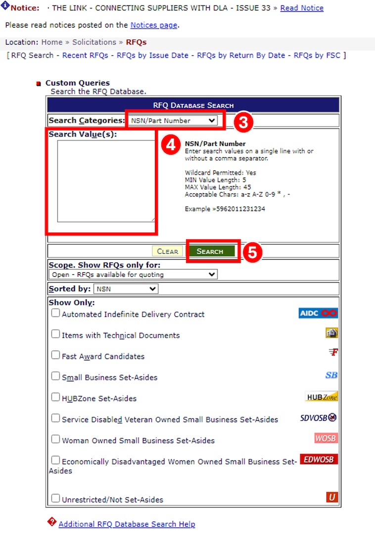 Select a Search Category and enter a search value  from the dropdown to conduct a RFQ Database Search. Click Search.