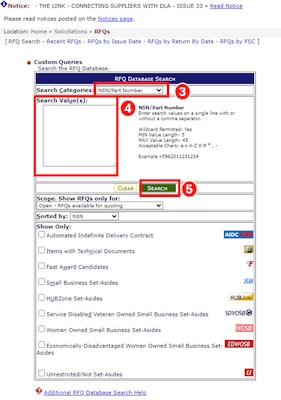 Select a Search Category and enter a search value  from the dropdown to conduct a RFQ Database Search. Click Search.