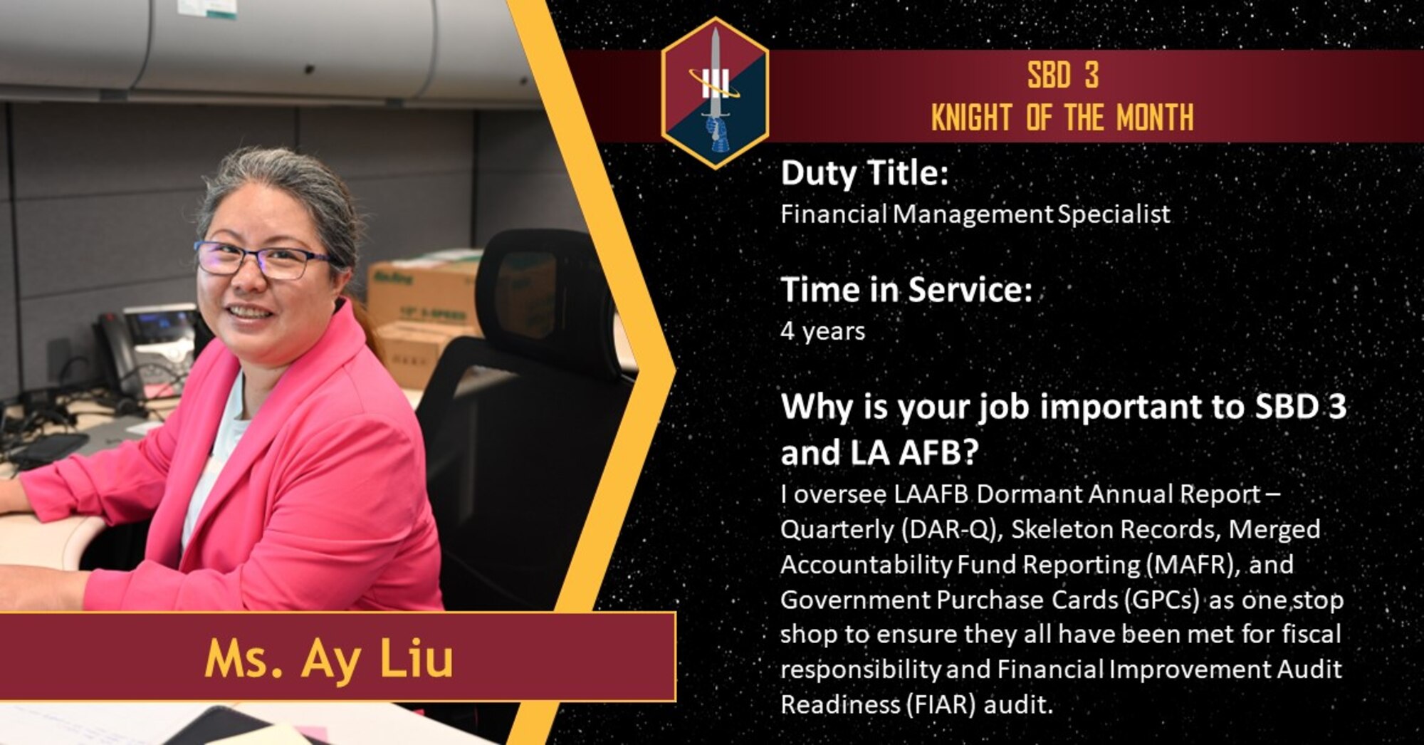 Ms. Ay Liu works at her desk, being recognized for her superior work in Space Base Delta 3 (SBD3) Financial Management as September 2024 Knight of the Month.