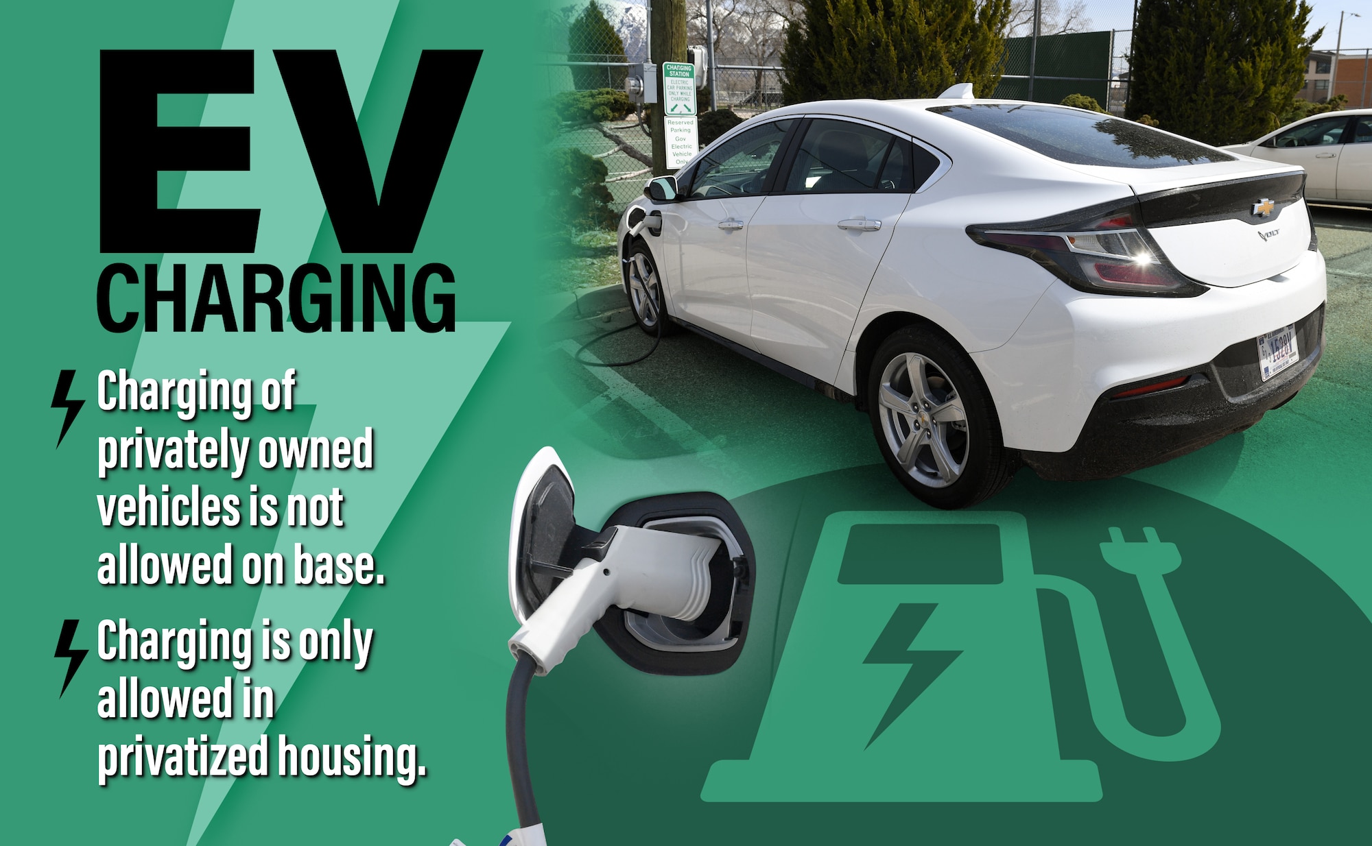 There are a few chargers on base for government vehicles only.  Charging of privately owned vehicles is not allowed at Hill AFB, except in privatized housing. (US Air Force Graphic by Kent Bingham)