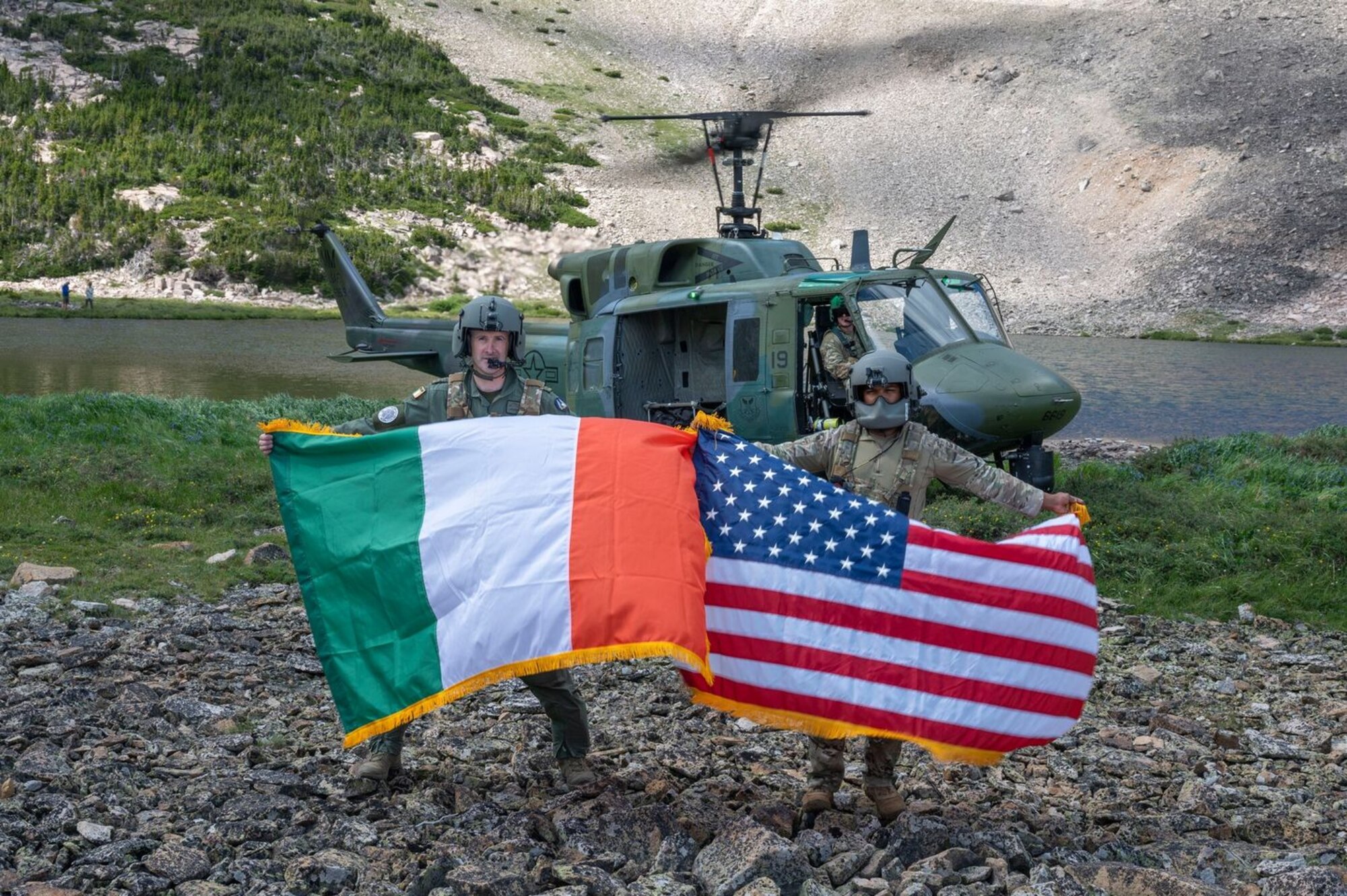 The 582nd Helicopter Group has welcomed a new partnership with the Irish Air Corps to exchange knowledge, techniques and procedures.The 40 HS and Malmstrom hosted two Irish AW-139 Helicopter pilots through the AFGSC’s intensive High Alpine Advanced Flying Technique (HAAFT) course, comprised of 13 hours of academics and 12 flights, totaling 41.5 hours in the UH-1N Huey. This course teaches advanced helicopter handling, mountain flying and power management principles in the UH-1N and will transition to the MH-139 as it comes online in the near future. Pilots were exposed to a variety of challenging high altitude landing areas, including a one-skid hovers to a rock shelf, deep saddles, cirque/dead-end valleys, alpine meadows, pinnacles and ridgeline landings.  In exchange, the 582 HG is planning to send aviators to fly with the Irish Air Corps to train in the AW-139.The lessons gleamed from these interactions will save countless manhours, easing the path of transition from the UH-1N to MH-139 and enhancing our flight safety awareness as we learn to fly, fight, and win with our newest helicopter.