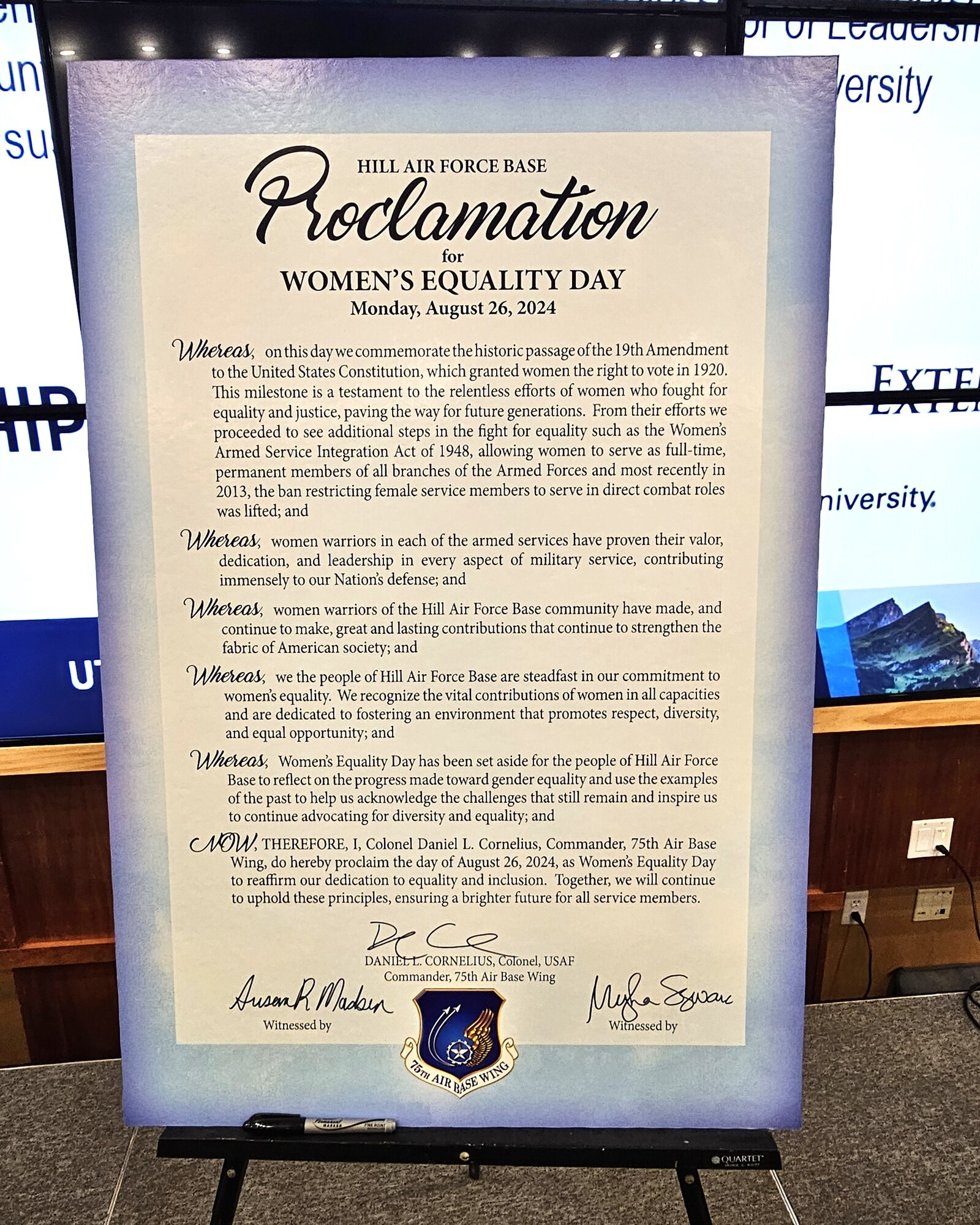 The signed Women’s Equality Day proclamation on display.