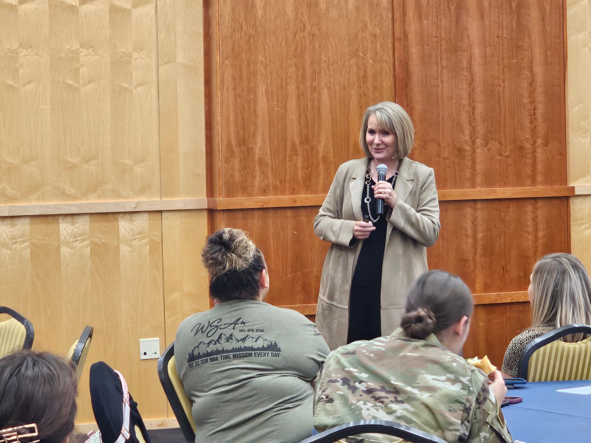 Dr. Susan R. Madsen addresses guests at the Women's Equality Day luncheon.