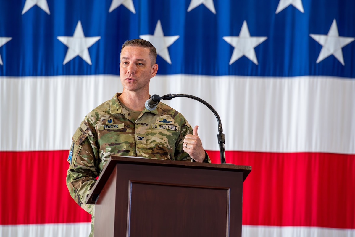 Col. Travis Prater provides remarks as the new pace Delta 6 - Space Access and Cyberspace Operations commander.