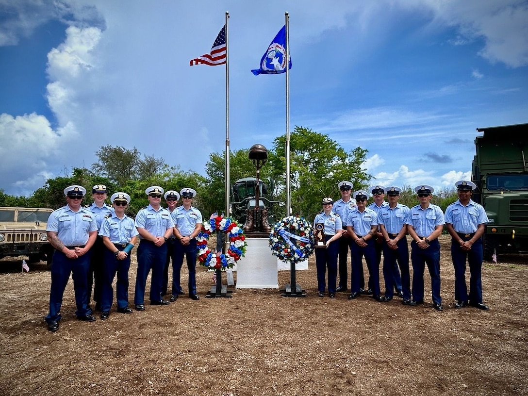 The crew of the USCGC Frederick Hatch (WPC 1143) observes the 80th anniversary of the Battle of Tinian on July 24, 2024. On 24 July 1944, the U.S. Coast Guard supported the landing of roughly 15,600 men of the 2nd and 4th Marine Divisions on the Island of Tinian to retake it from the Imperial Japanese Forces. (U.S. Coast Guard photo by Lt. Anna Maria Vaccaro)