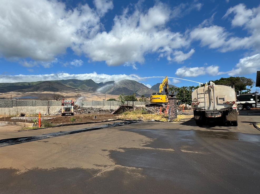 A debris crew works to remove debris from the last multi-unit residential property, The Spinnaker condominiums, in the U.S. Army Corps of Engineers' debris removal program, August 26, 2024. The completion of all residential debris removal in Lahaina is expected in the coming weeks, just over a year after the August 2023 wildfires destroyed more than 2,200 structures. (U.S. Army Corps of Engineers photo by Susan Lee)