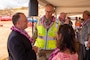 Hawaii Gov. Josh Green (front left) and First Lady Jaime Green (right) speak with Col. Eric Swenson, commander of the U.S. Army Corps of Engineers Recovery Field Office, following a ground blessing ceremony on Aug. 9. The ceremony marked the start of a sewer line project at the Kilohana Temporary Group Housing site in Lahaina, a significant infrastructure improvement for the community.