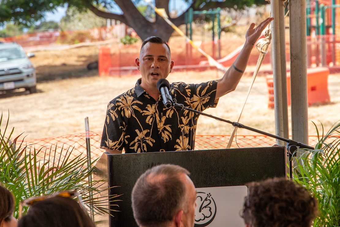 Local cultural leader Kumu Pueo Pat performs an opening chant during a ground blessing ceremony at Wahikuli Park on Aug. 9. The ceremony marked preparations for the installation of a critical sewer line at the Kilohana Temporary Group Housing site in Lahaina. This project represents a significant milestone in the recovery process, transitioning the community from cesspools to a more sanitary, environmentally conscious public sewer system.