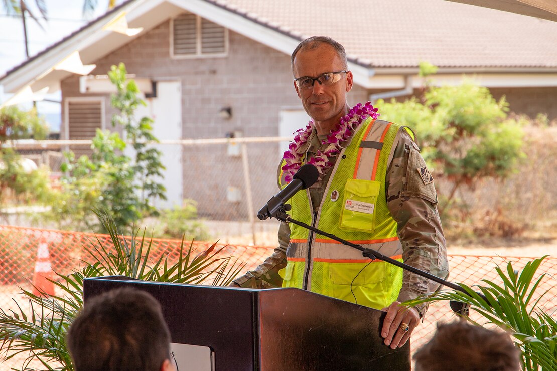 Col. Eric Swenson, commander of the U.S. Army Corps of Engineers Recovery Field Office, speaks about the importance of the sewer line installation at the Kilohana Temporary Group Housing site during a ground blessing ceremony at Wahikuli Park on Aug. 9. The project is a key milestone in the recovery process, improving infrastructure and benefiting the Lahaina and Wahikuli neighborhoods by enabling a transition to a public sewer system.